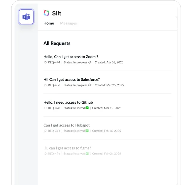 Siit app interface displaying access requests for Zoom, Salesforce, and Github with status and creation dates.