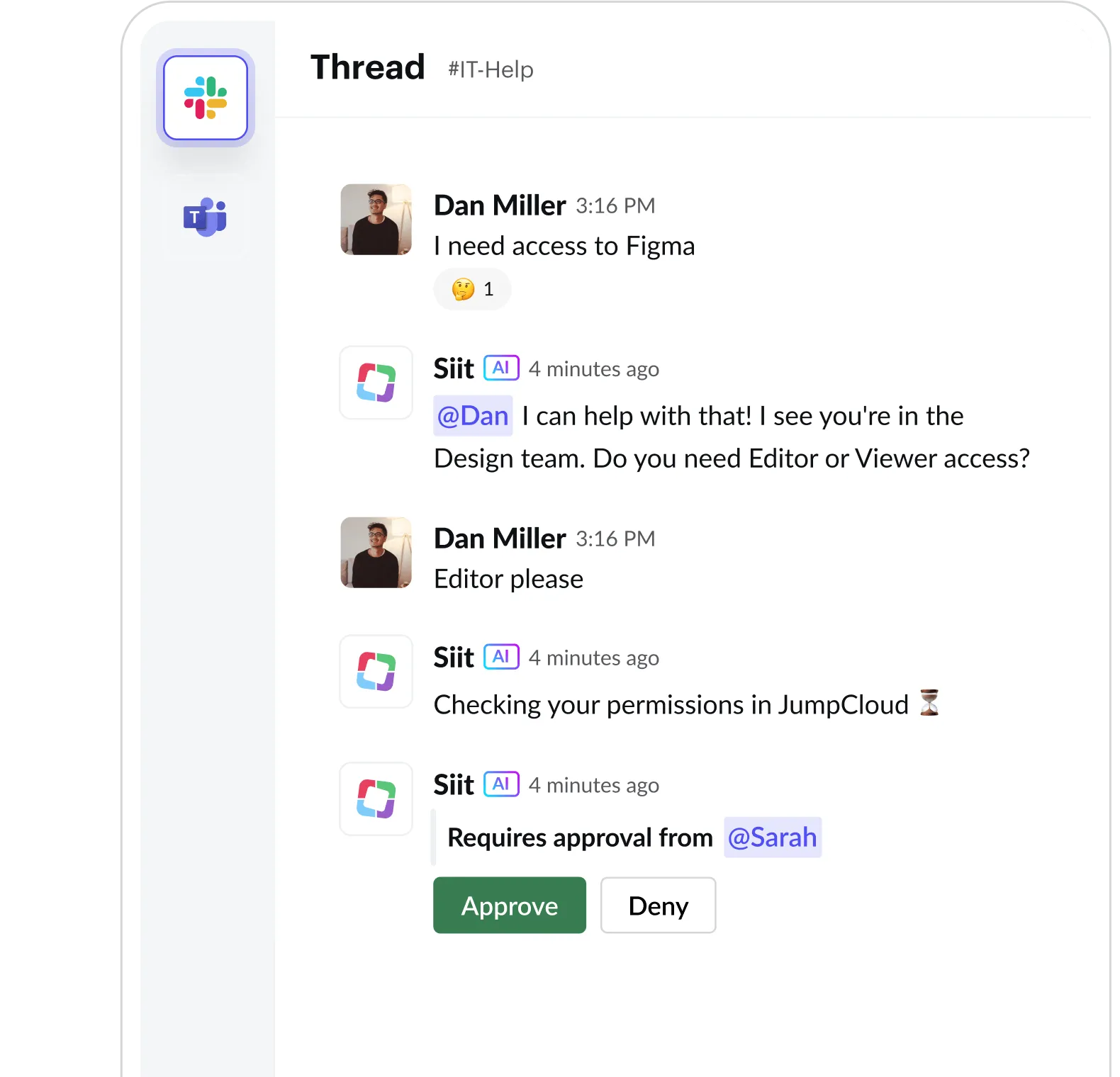 Chat thread in IT-Help channel discussing Figma access request and approval process.