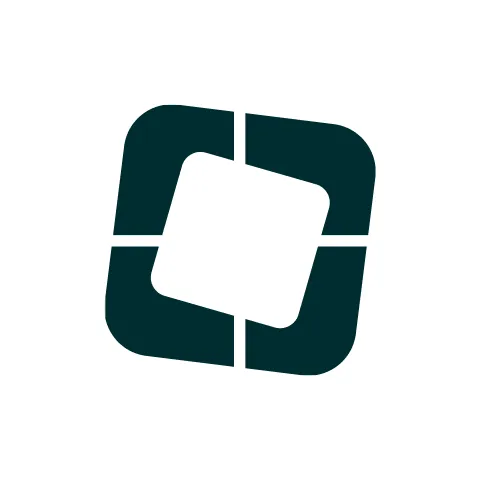 Abstract logo with four dark curved shapes forming a tilted square with a hollow center.