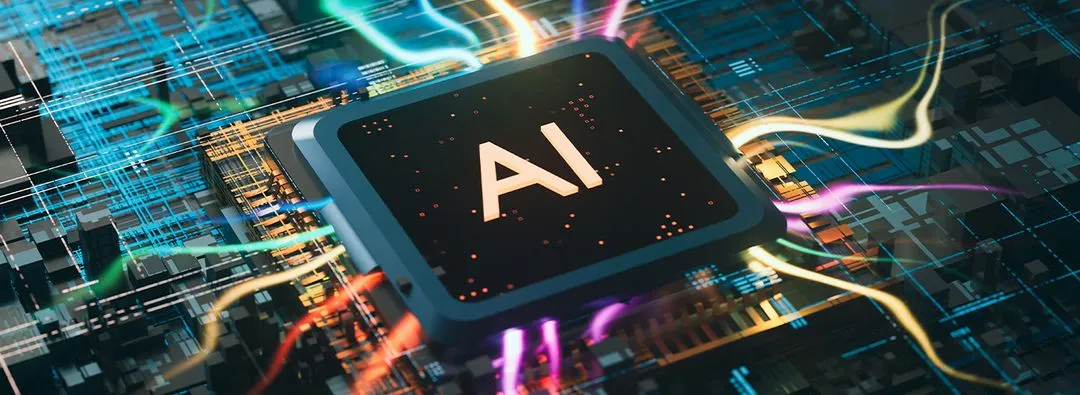 Ein  mit AI beschrifteter Chip, von dem unterschiedlich farbige Lichtwellen abgehen. 