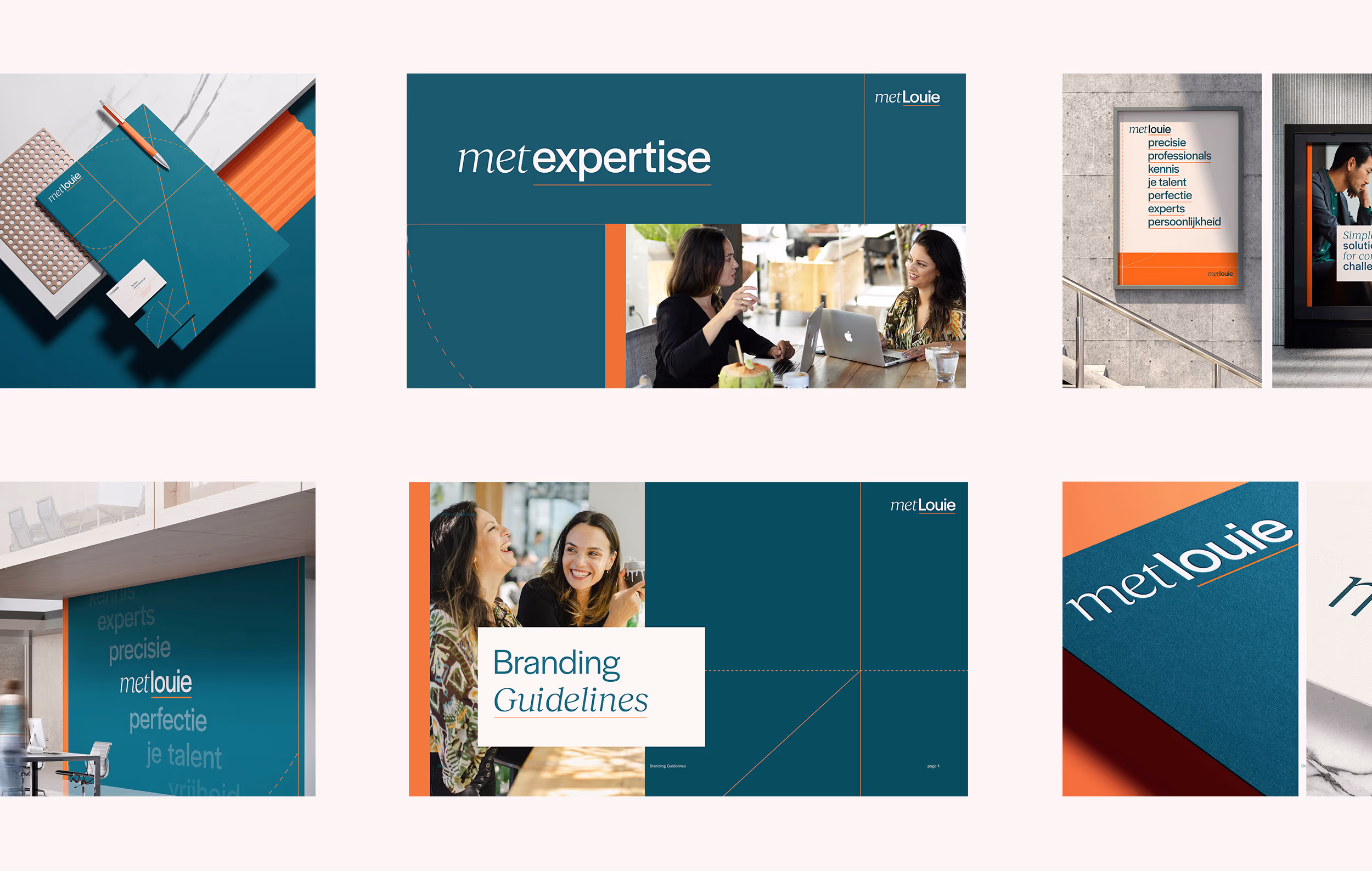 Collage of metLouie branding visuals including business cards, signage, and presentation slides with teal and orange color scheme.