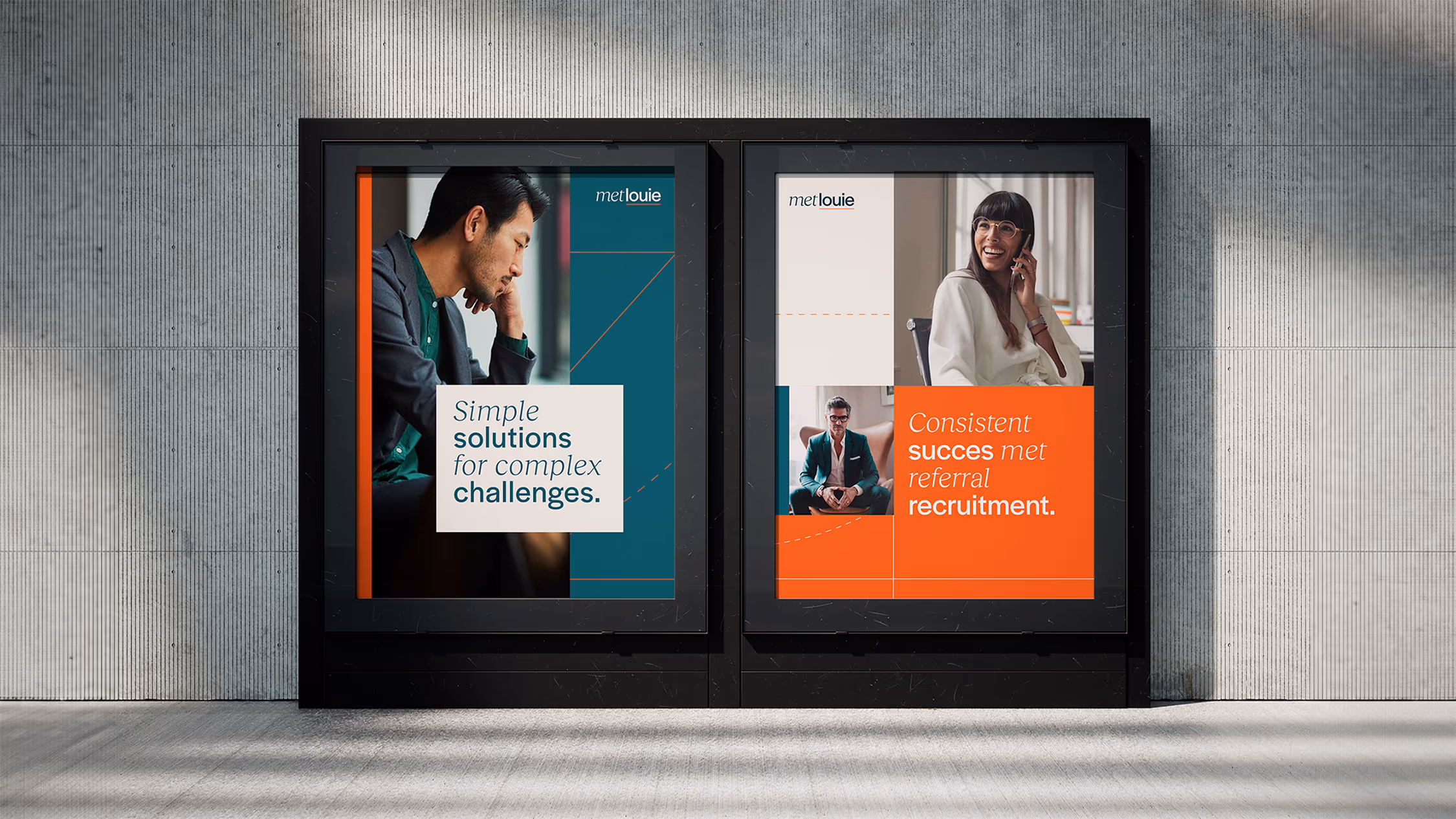 Two framed professional posters on a textured wall; left shows a man in deep thought with text 'Simple solutions for complex challenges,' right shows a smiling woman on the phone with text 'Consistent success met referral recruitment.'