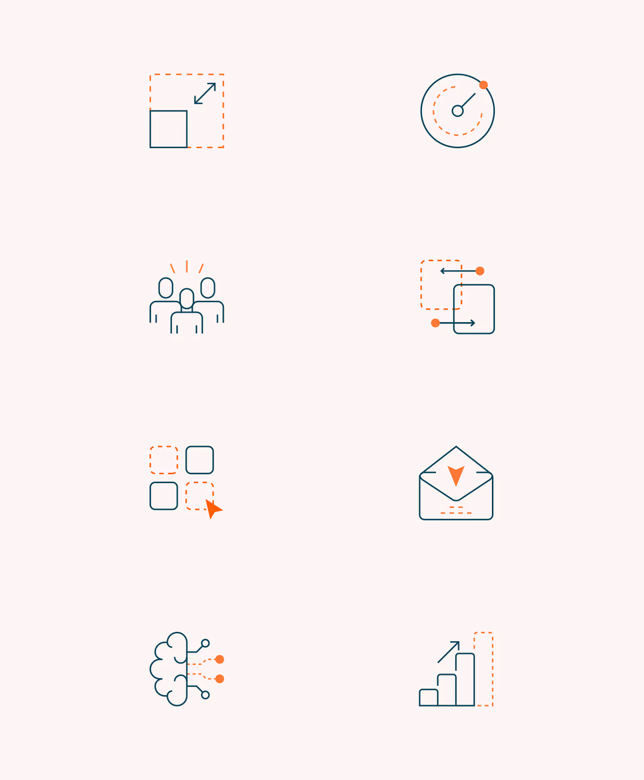 Set of eight minimalistic icons including a square resizing arrow, radar with a dot, group of three people, overlapping rectangles with arrows, four squares with a cursor, an envelope with a downward arrow, a brain with connection nodes, and a bar chart with an upward arrow.