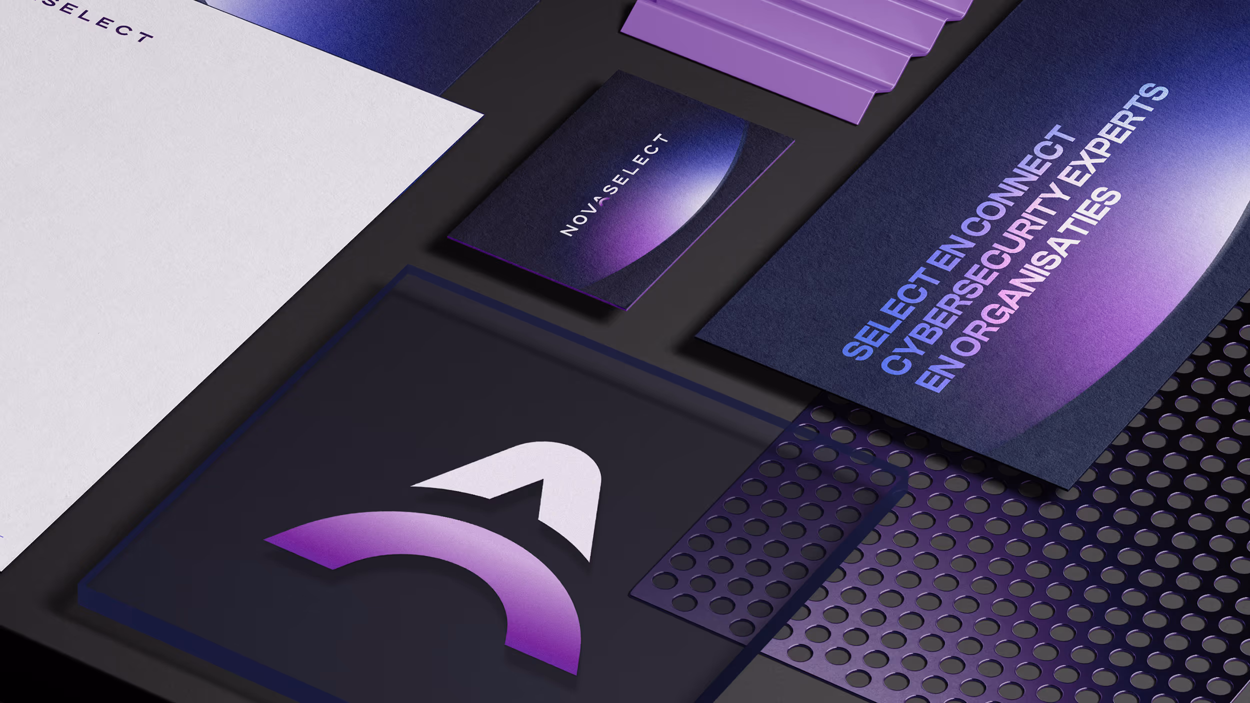 Dark-themed stationery set for Novaselect with gradient purple and white logo and text cards.