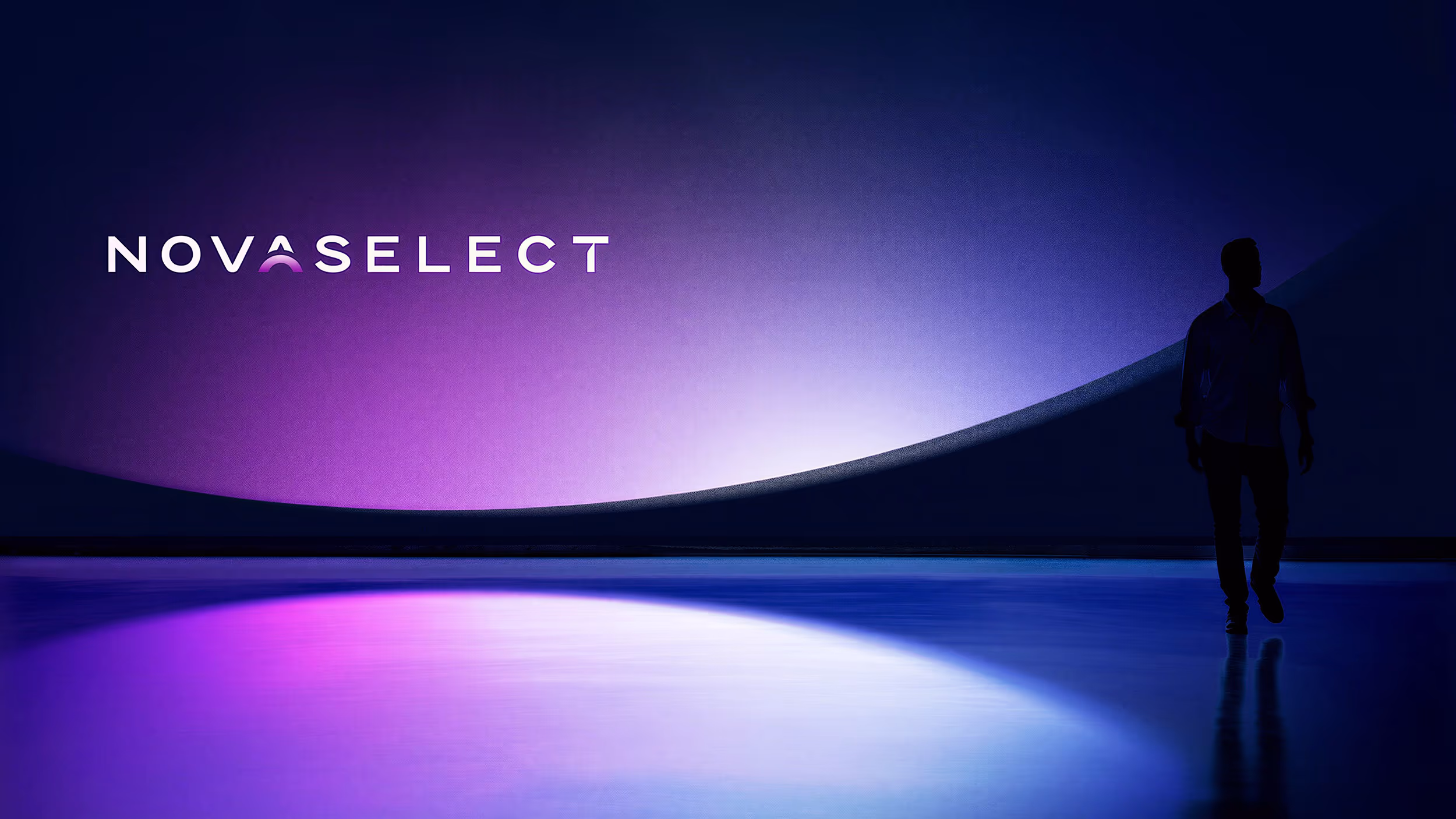 Silhouette of a man walking towards a purple and blue gradient background with the text NOVASELECT.