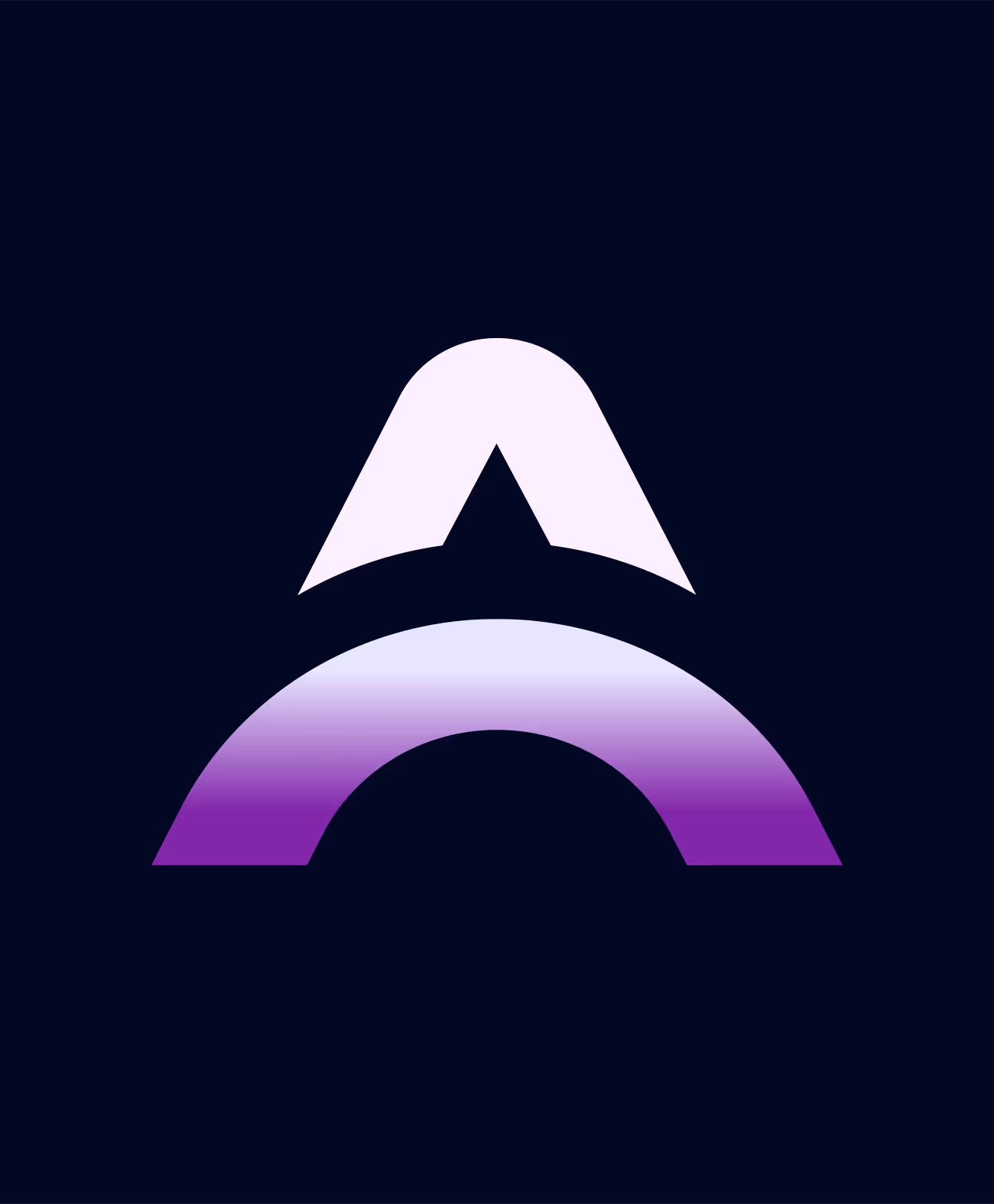 Abstract letter A logo with a gradient purple arch on a dark background.