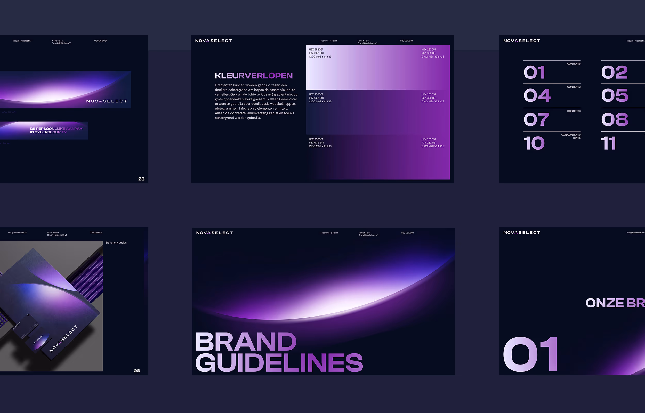 Slides from NovaSelect brand guidelines featuring purple gradient designs, color codes, contents, and stationery mockups.