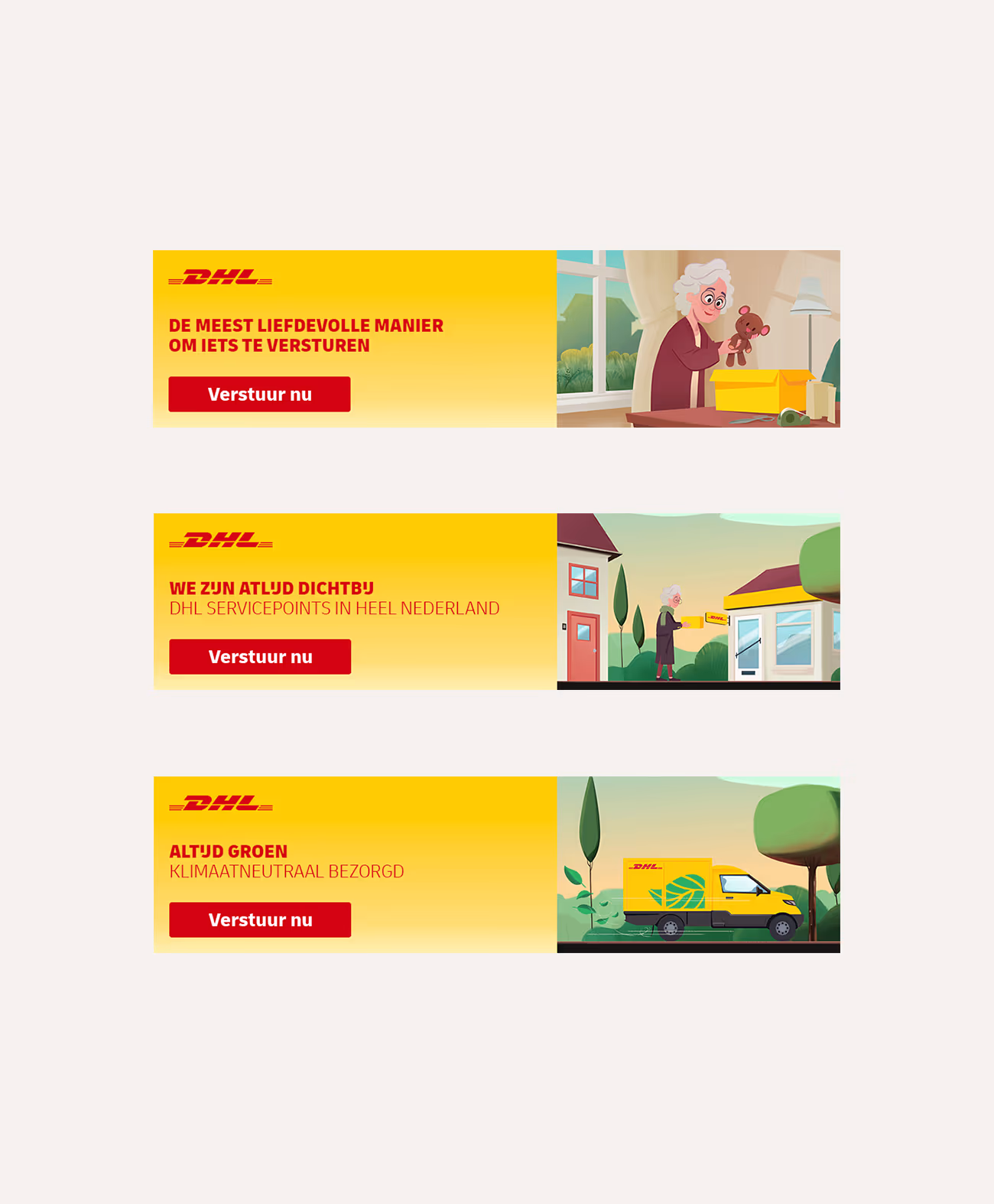 Three yellow DHL banners: first shows an elderly woman packing a teddy bear into a box with text 'The most loving way to send something'; second shows the woman handing a package to a DHL service point with text 'We are always nearby'; third shows a yellow DHL van with green climate-neutral symbol and text 'Always green climate-neutrally delivered'.