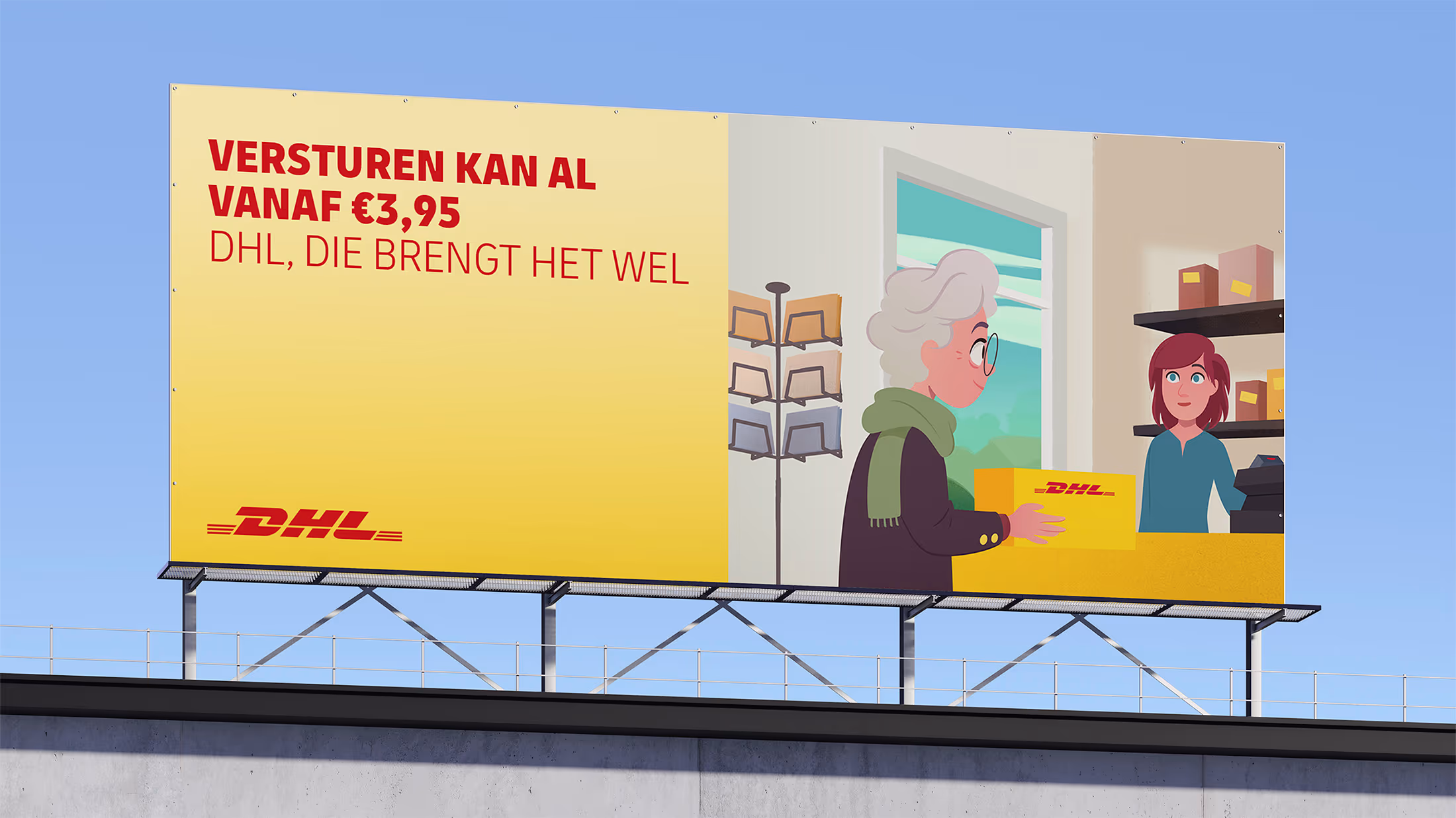 Billboard with Dutch text advertising DHL shipping from €3.95, showing an illustrated elderly customer handing a DHL package to a female clerk.