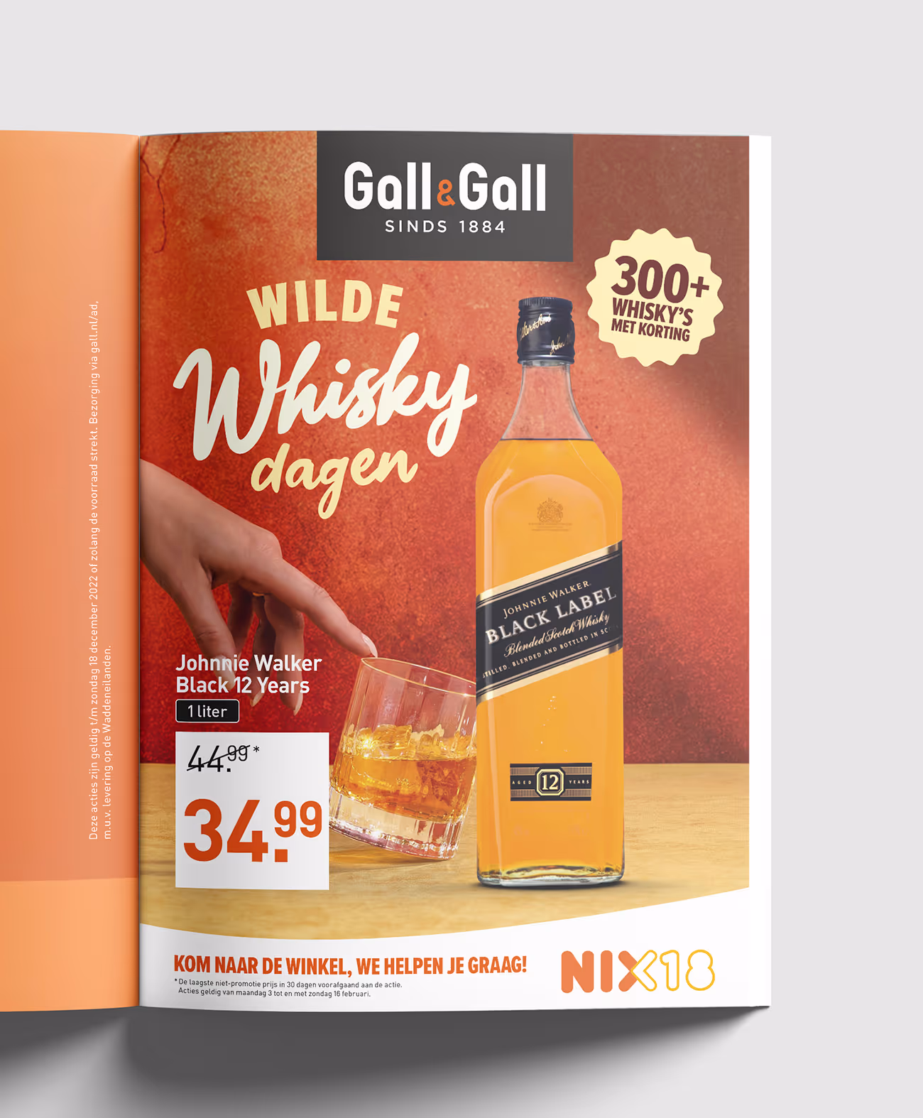 Advertisement for Gall & Gall featuring a 1-liter bottle of Johnnie Walker Black Label 12 Years whisky with a glass of whisky on the rocks, priced at 34.99 with a 300+ whisky discount promotion.