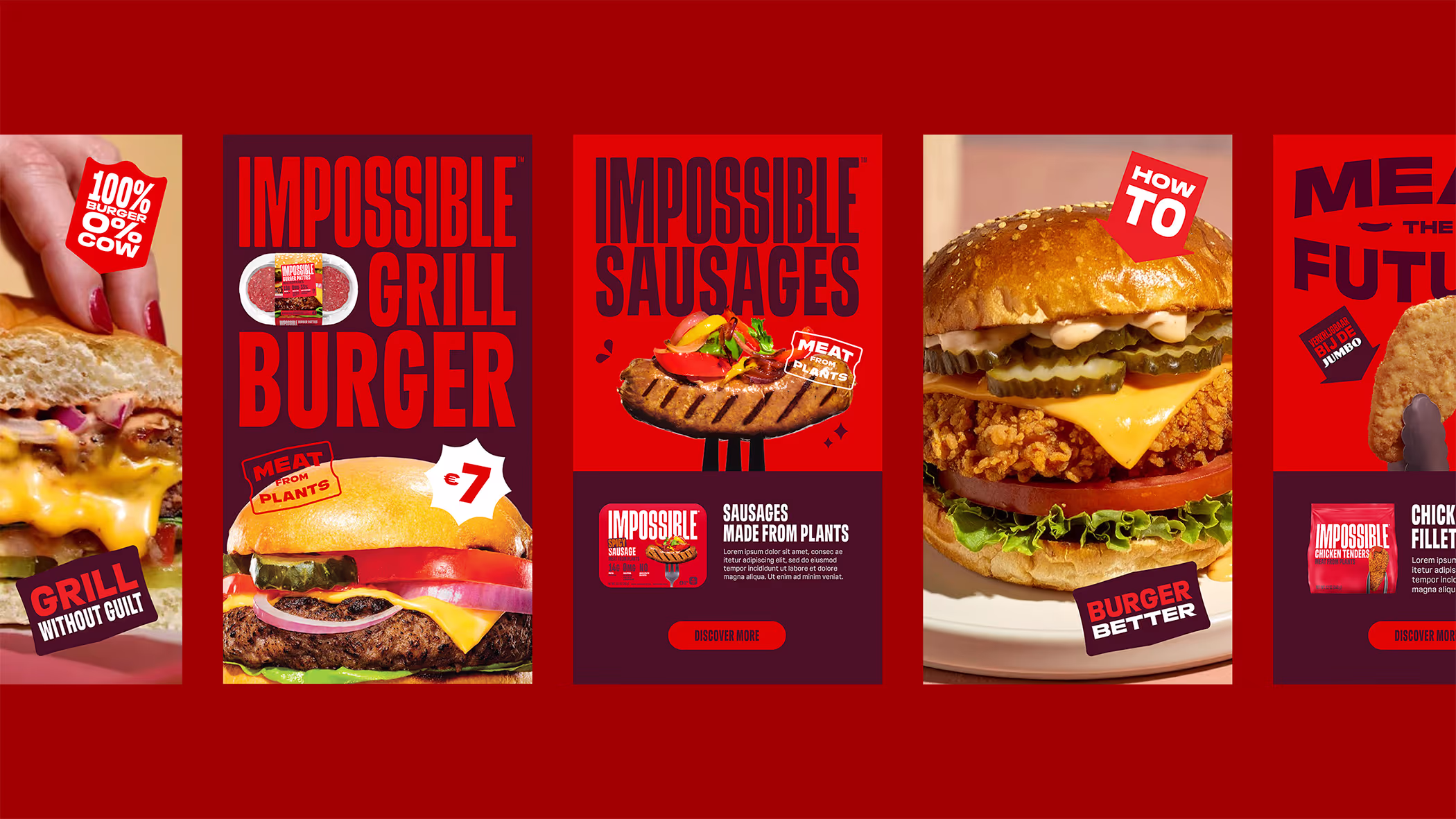 Advertisements featuring Impossible Foods plant-based products including an Impossible Grill Burger priced at €7, Impossible Sausages, and a fried chicken style sandwich with pickles and cheese.