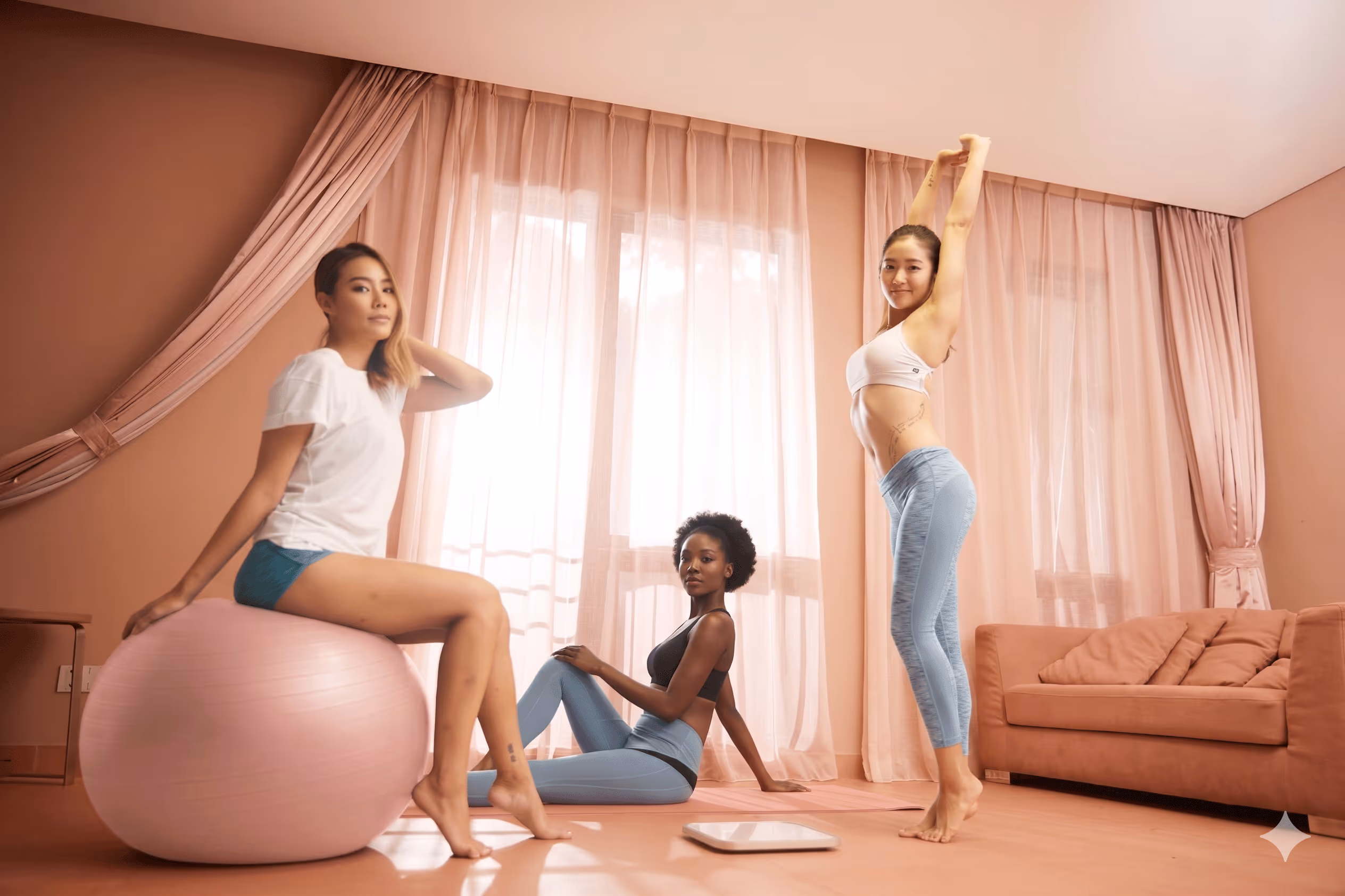 Three women in workout clothes exercising indoors with yoga mat and exercise ball near a window.