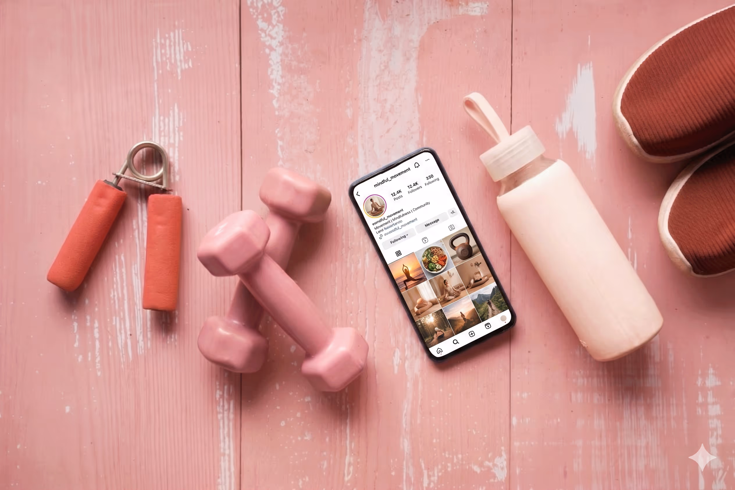 Pink dumbbells, hand grip, water bottle, phone with fitness page, and shoes on pink wooden floor.