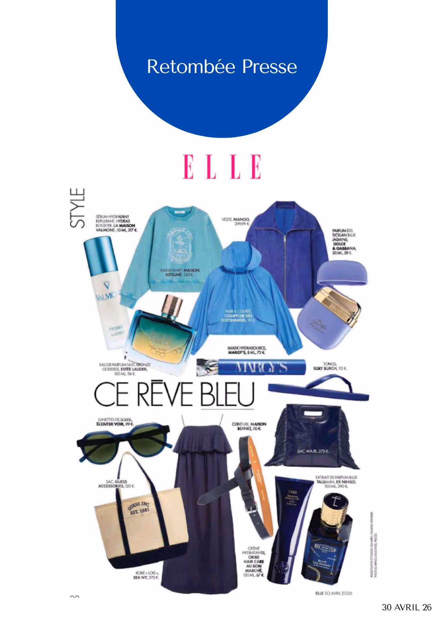 Magazine layout showing blue-themed fashion items and beauty products with prices and brand names.