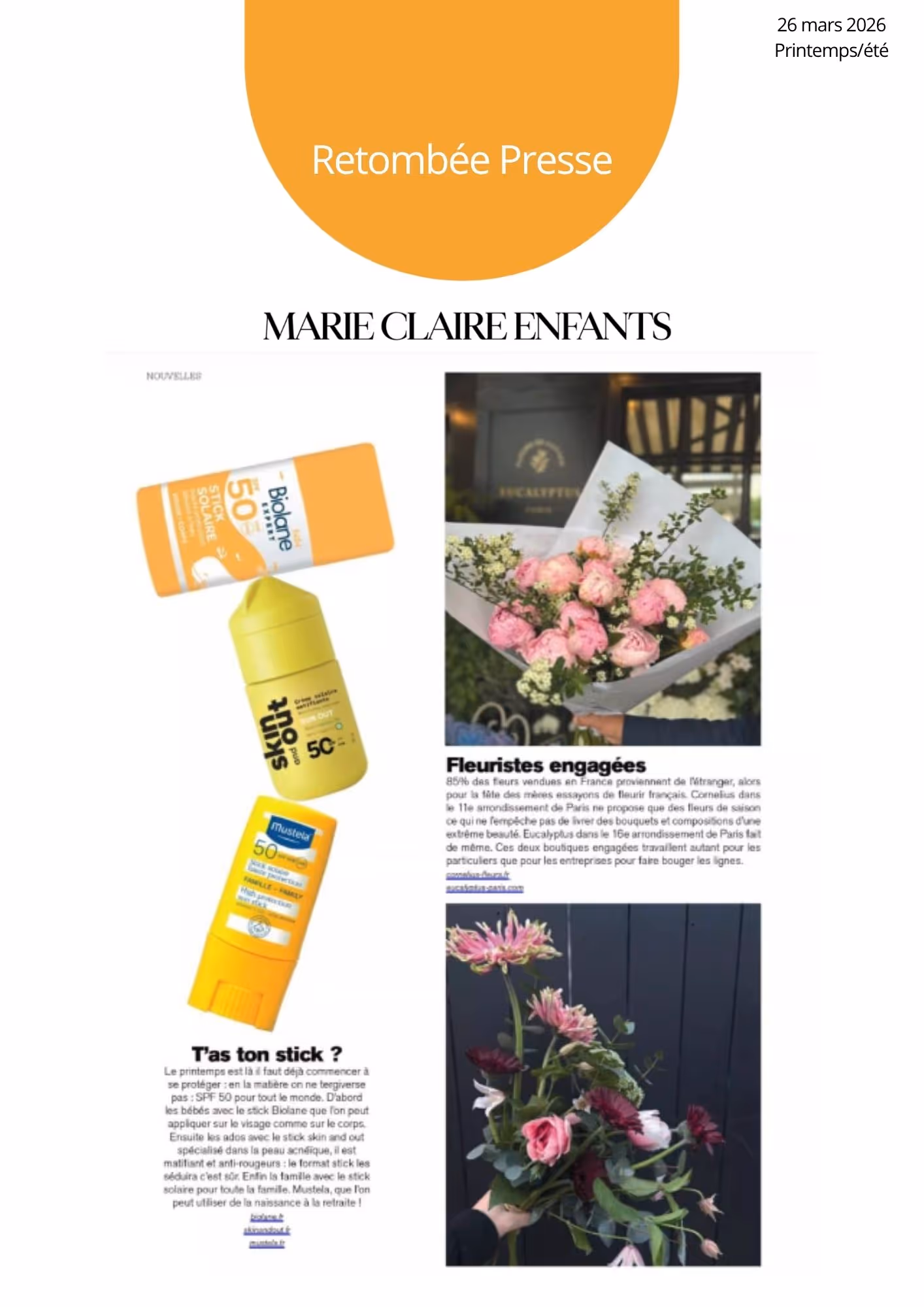 Magazine page showing sunscreen sticks and floral bouquets for spring 2026, Marie Claire Enfants.