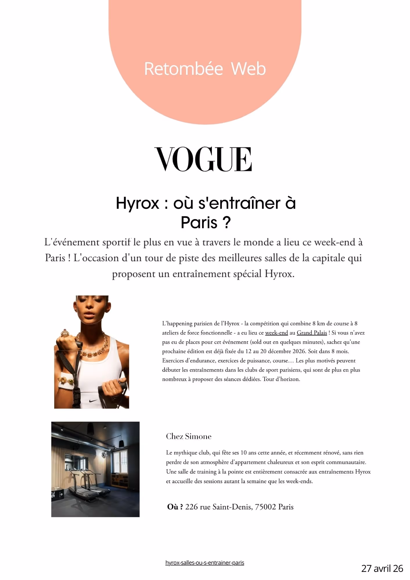 Article titled 'Hyrox: where to train in Paris?' with images of a woman and a gym interior.
