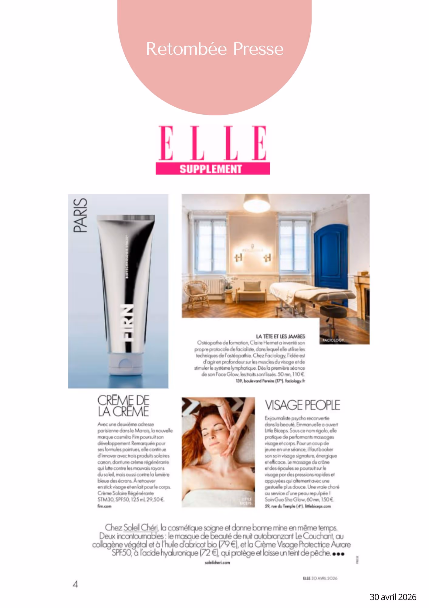 Magazine page showing a skincare tube, spa room, and facial massage with skincare product info.