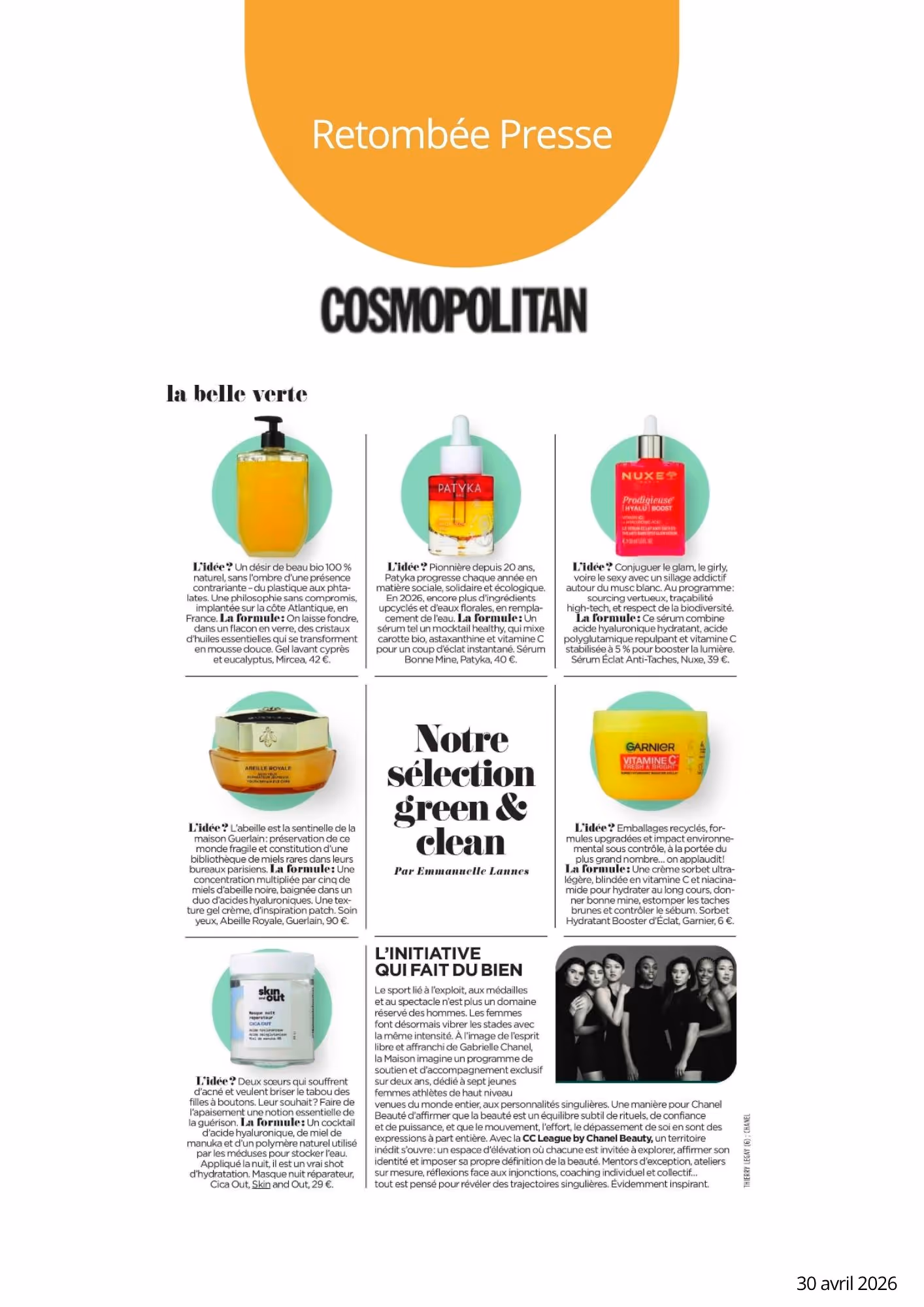 Cosmopolitan page featuring six green and clean beauty products with descriptions and a women’s sports initiative.