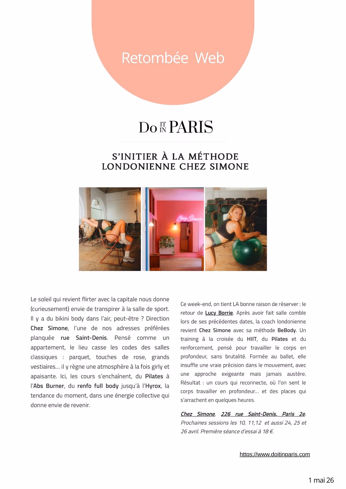 Fitness article featuring Pilates and full body workouts at Chez Simone gym in Paris.