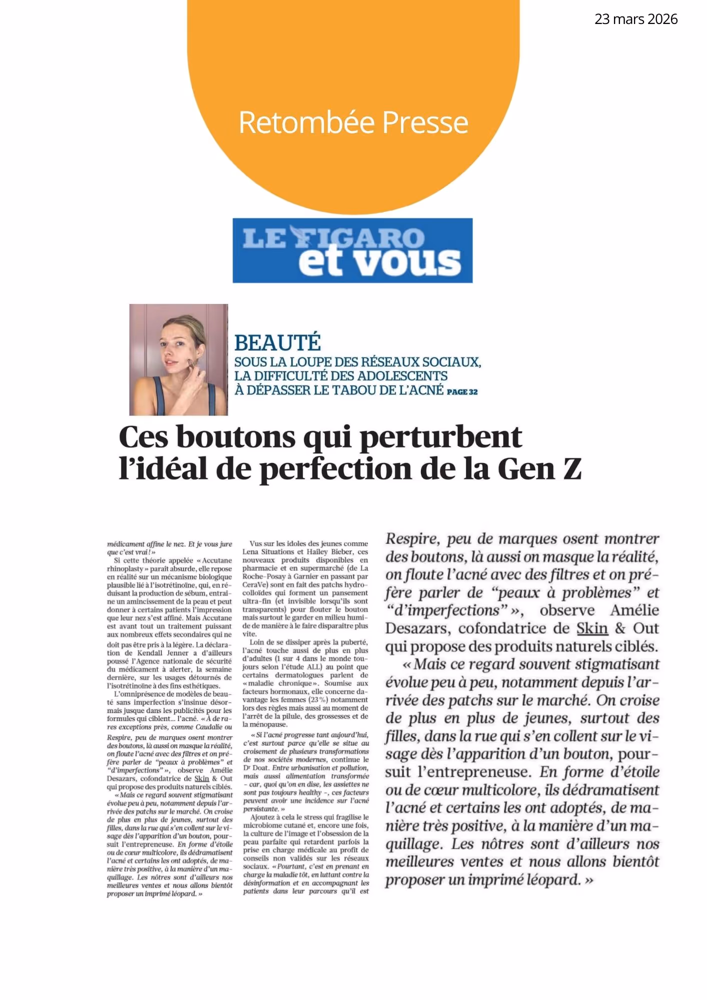 Article on acne impact on Gen Z's beauty ideals with skincare expert quote, dated 23 March 2026.