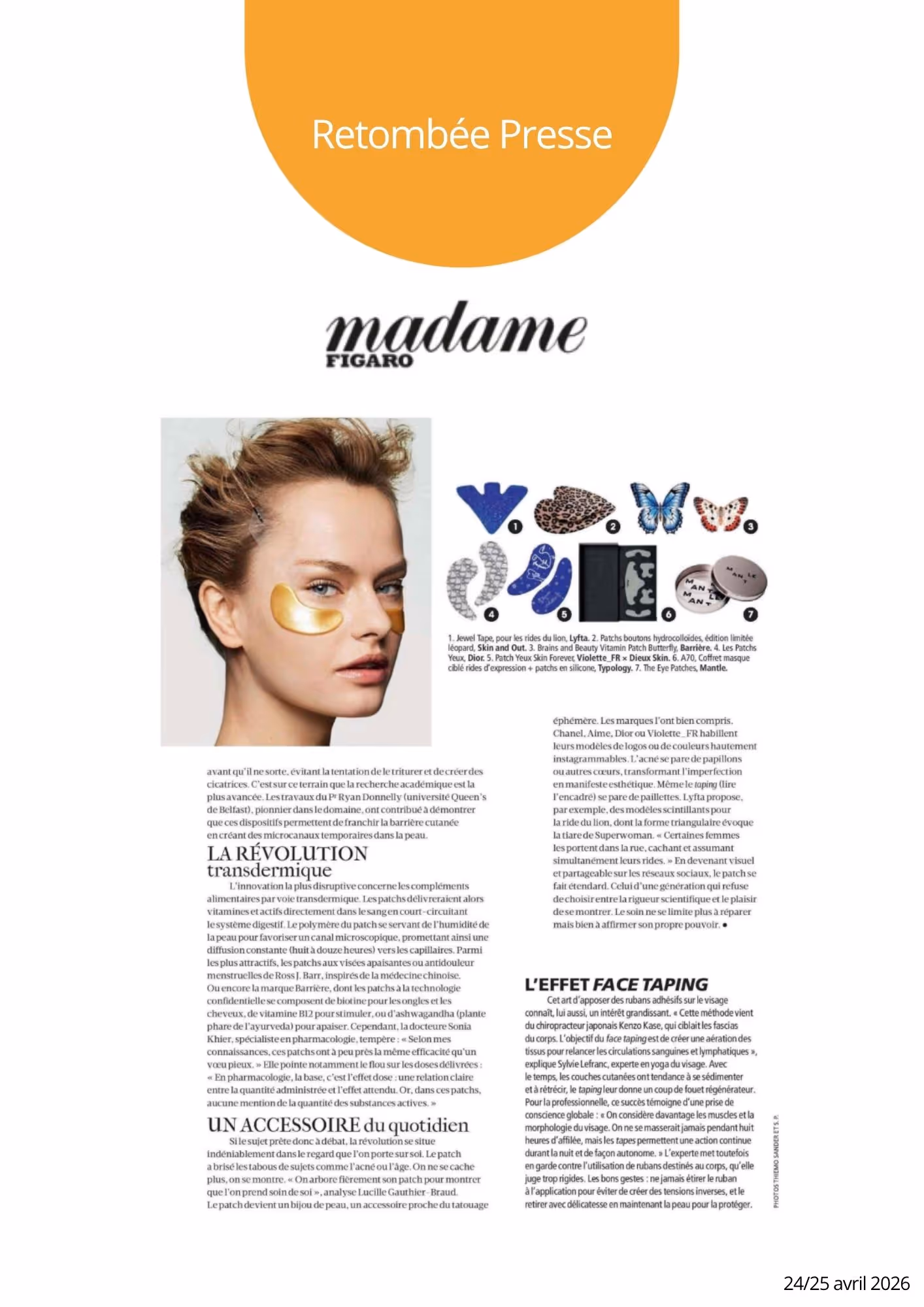 Magazine layout featuring woman with gold eye patches and images of various facial patch designs.
