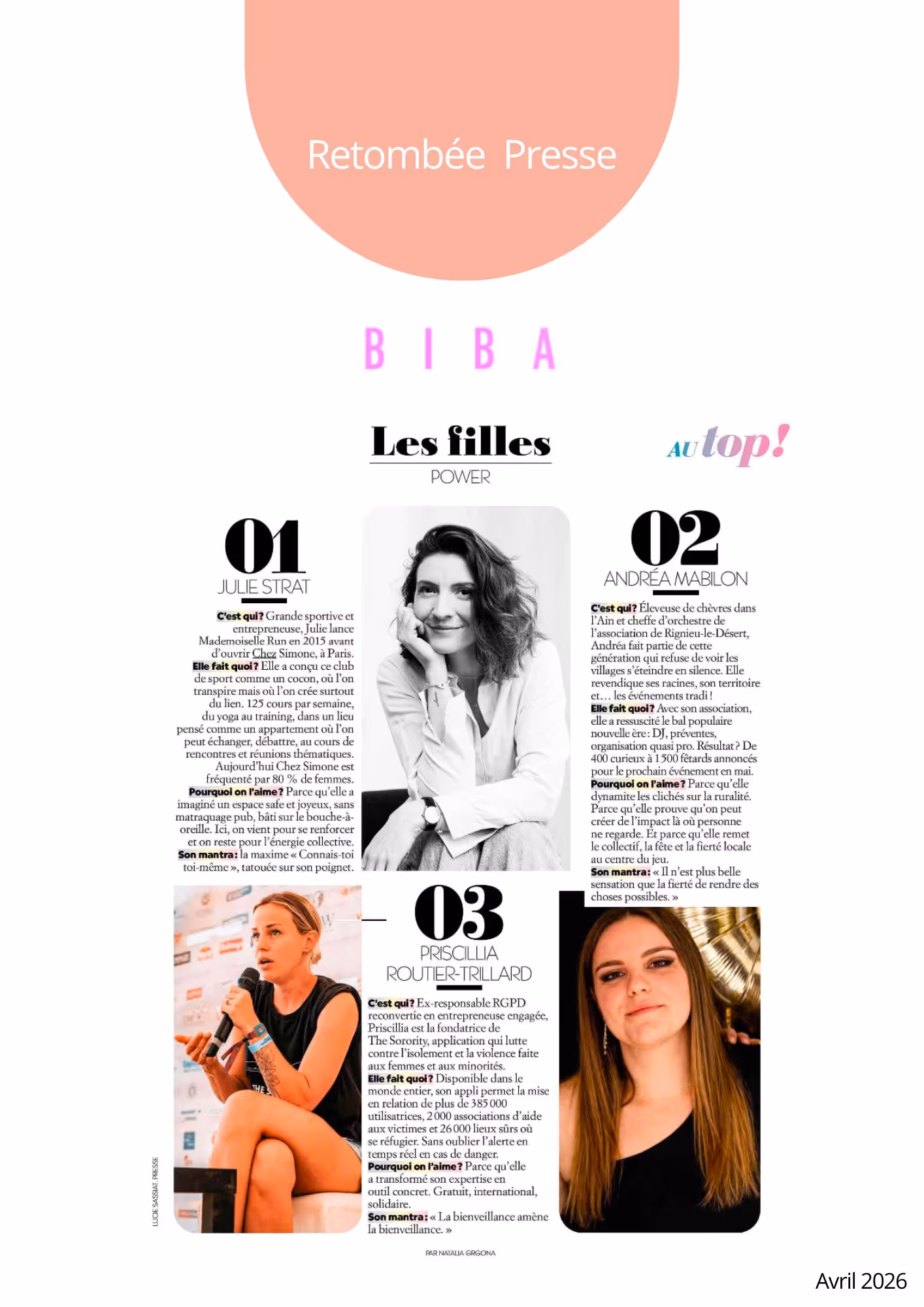 Magazine page featuring three women entrepreneurs with photos and descriptions of their work and mantras.