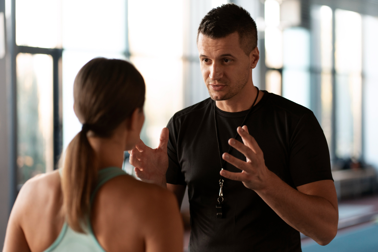 Digital illustration of a fitness coaching app showing weekly check-in questions, client profile, and feedback dashboard