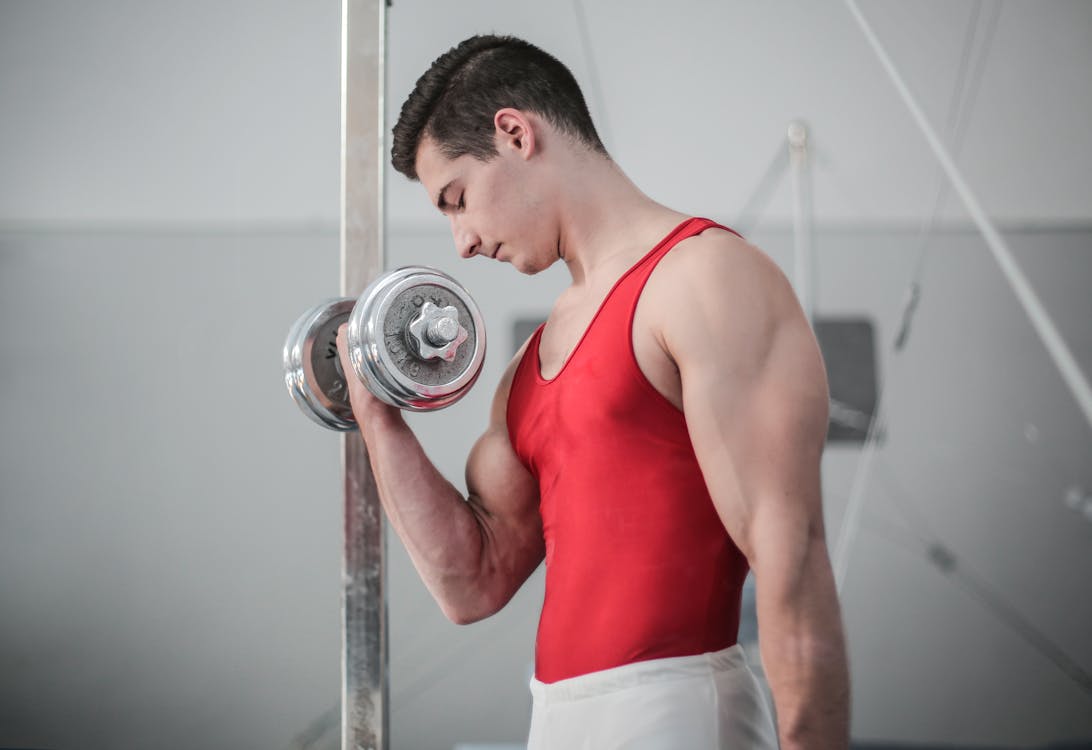 Free Photo of Male Gymnast Doing Dumbbell Bicep Curls Stock Photo