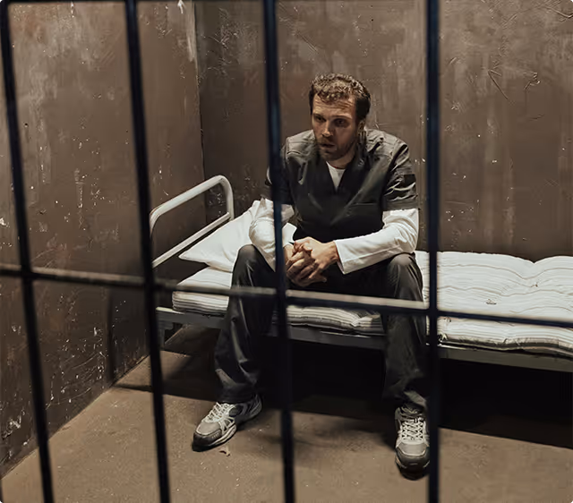 Man in gray prison uniform sitting on a bed inside a cell with metal bars in the foreground.