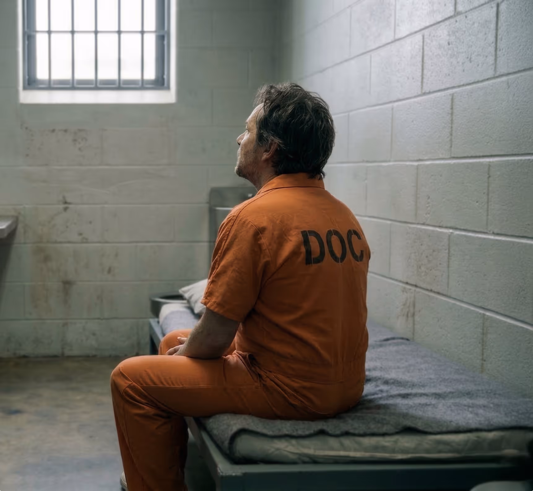Male inmate in an orange jumpsuit with 'DOC' on the back sitting on a bed inside a jail cell, looking toward a barred window.