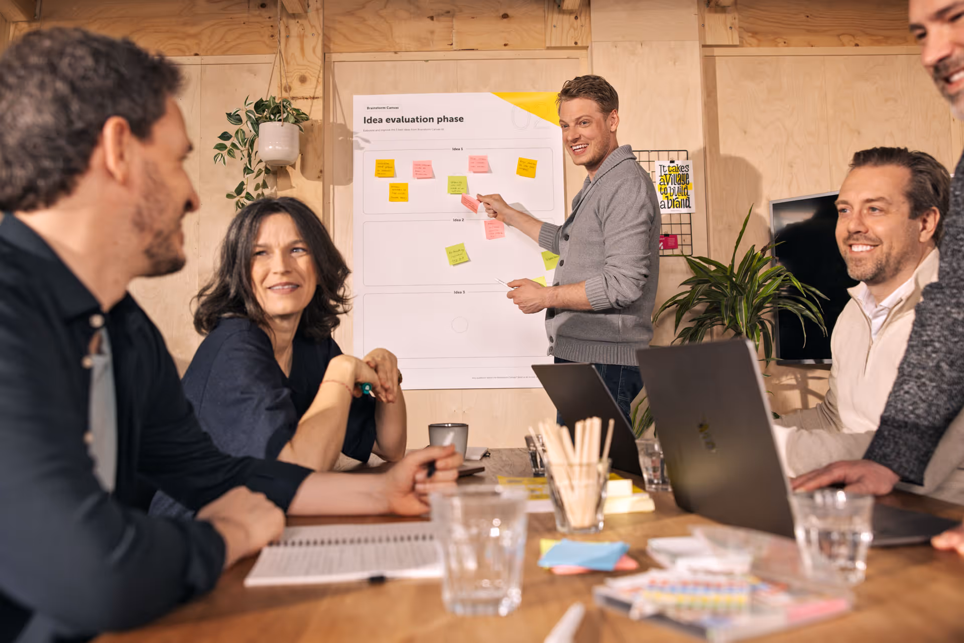 Vijf mensen in een vergadering, waarbij een man bij een bord met post-its ideeën bespreekt met de groep.