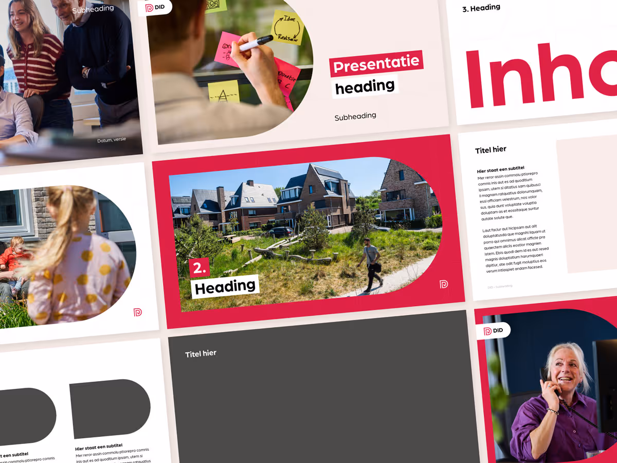 Presentatieslides met foto’s van mensen die samenwerken, aantekeningen maken en een vrouw die telefoneert, daarnaast afbeeldingen van huizen en tekstkaders.