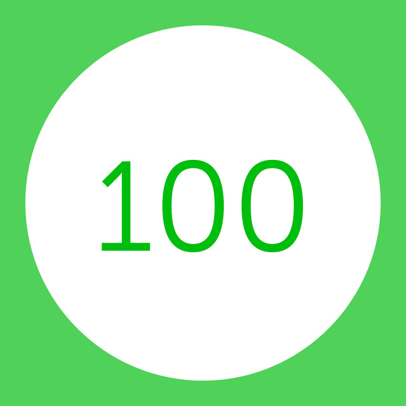 Groene omcirkelde score van 100 op een witte achtergrond.