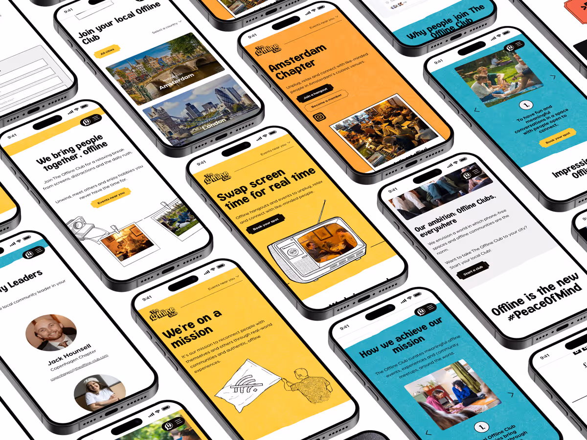 Smartphones showing The Offline Club app screens promoting offline events and connections.