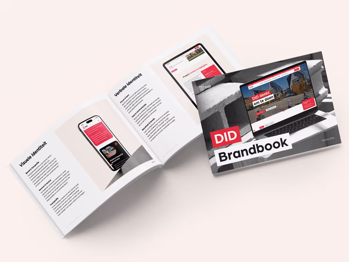 Open brandbook displays DID visual and verbal identity guidelines with digital device images.