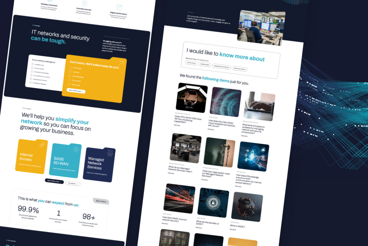 Website mockup showing IT security services, network solutions, and related informational articles.
