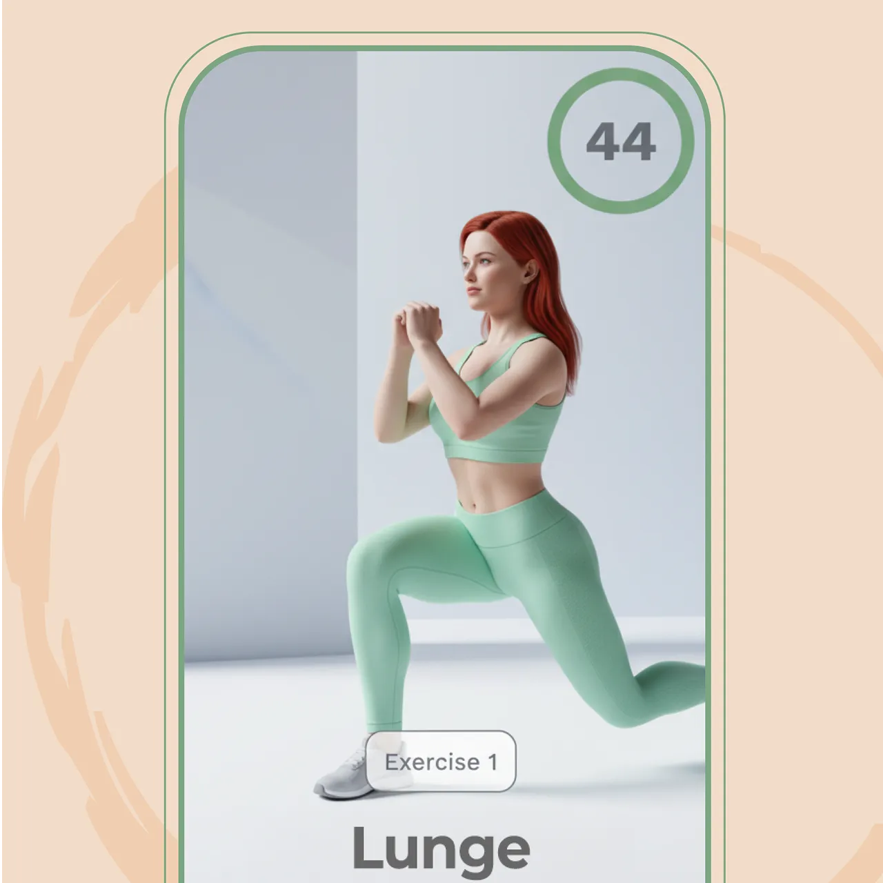 Woman with red hair in green workout clothes performing a lunge exercise indoors.
