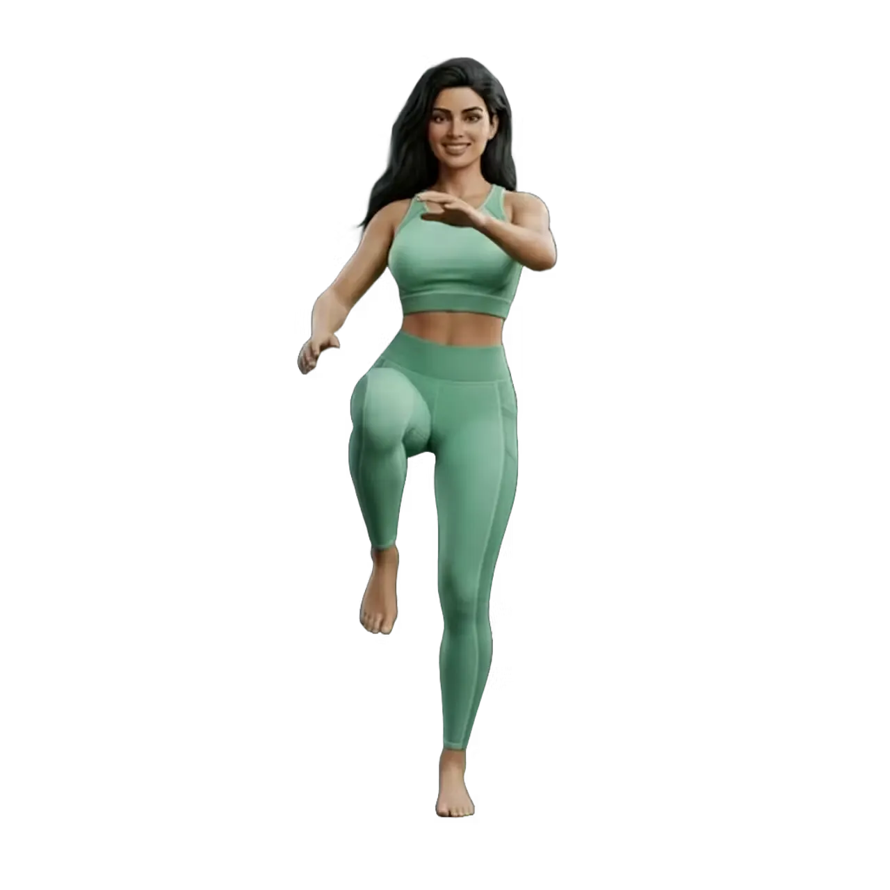 Smiling woman with long dark hair in green athletic wear performing a high knee exercise.