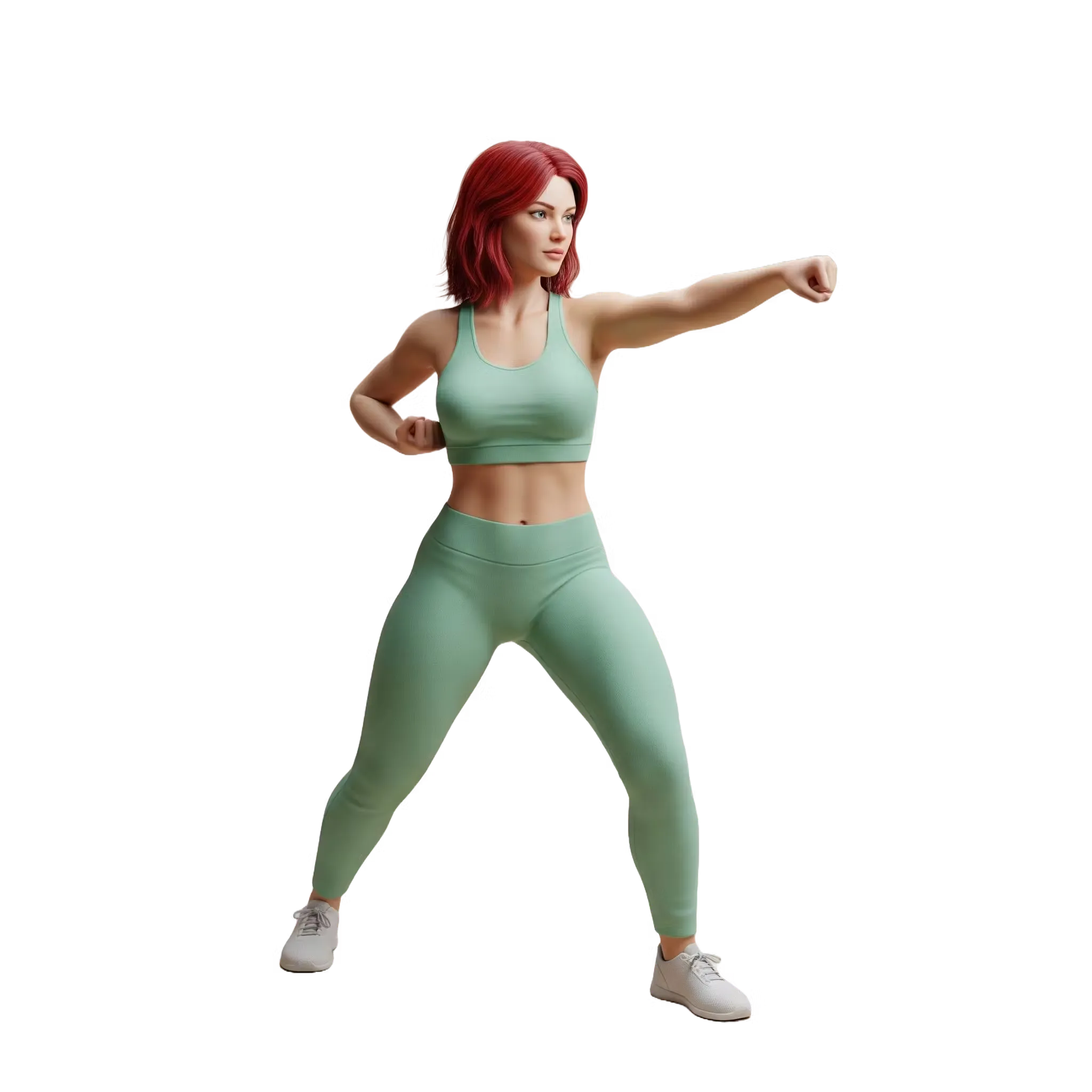 Woman with red hair in mint green workout clothes performing a martial arts punch stance.