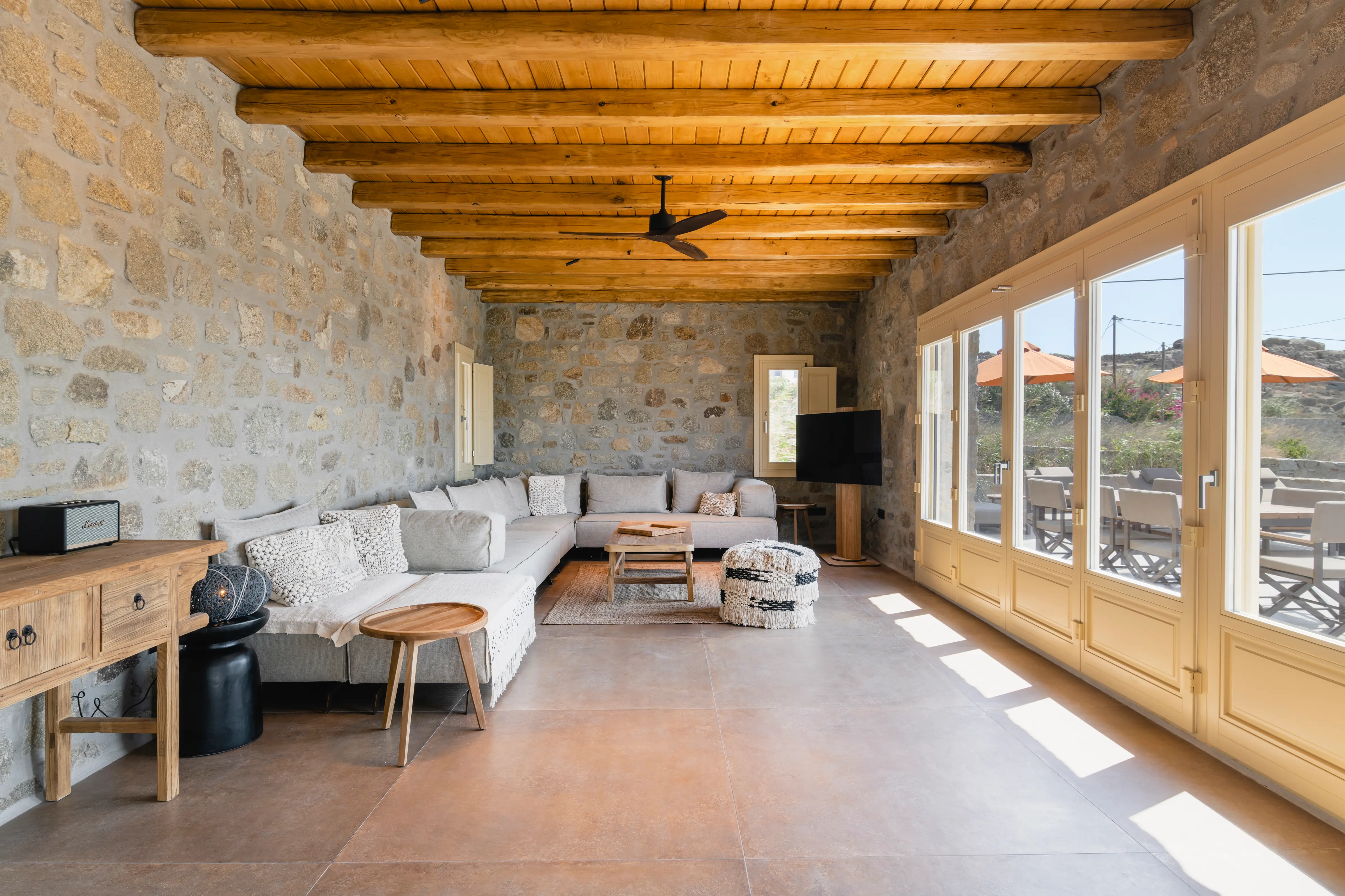 A living room overlooking the outside space.