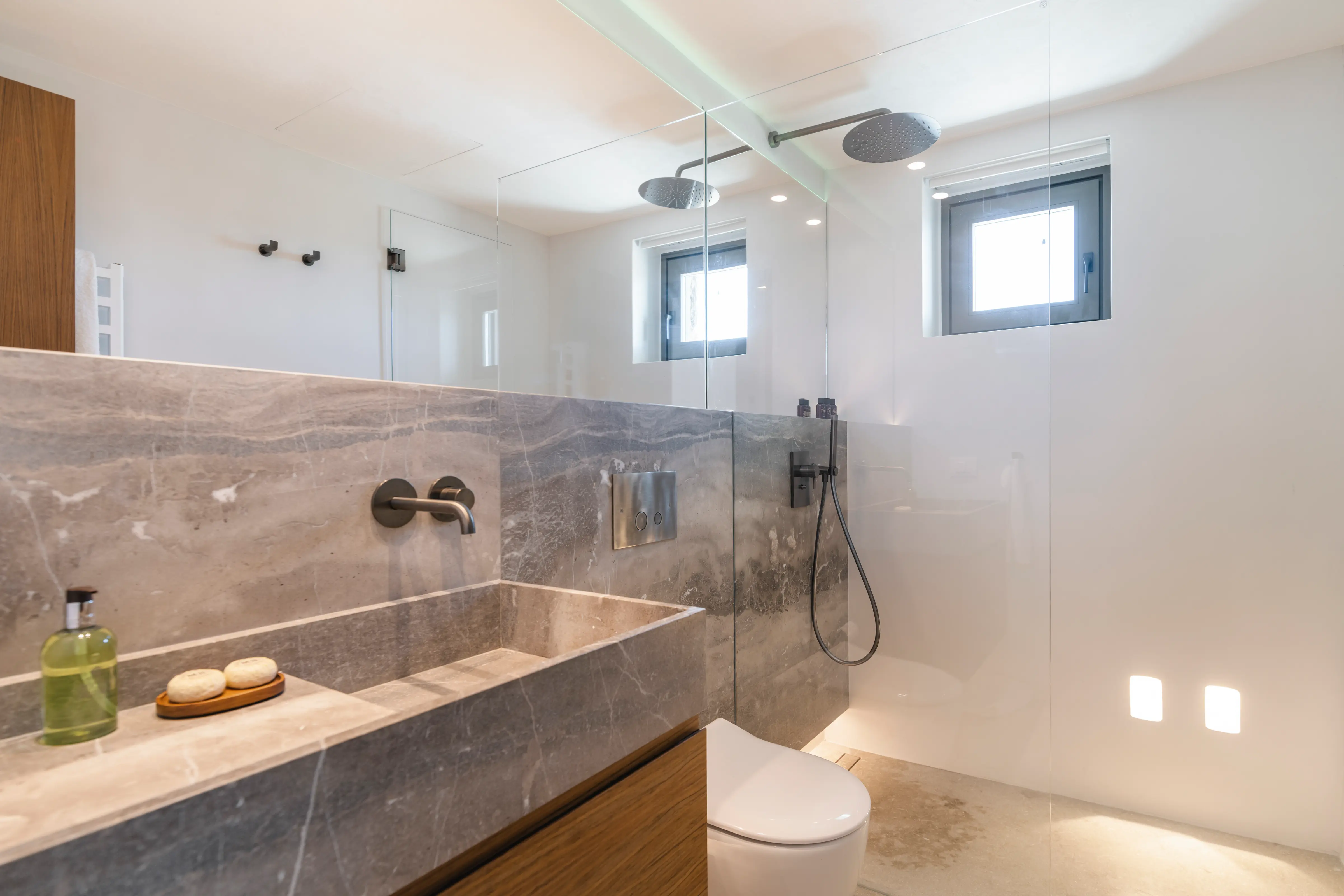 A bathroom made from marble.