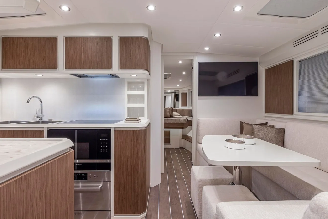 Kitchen and dinning table in the yacht.