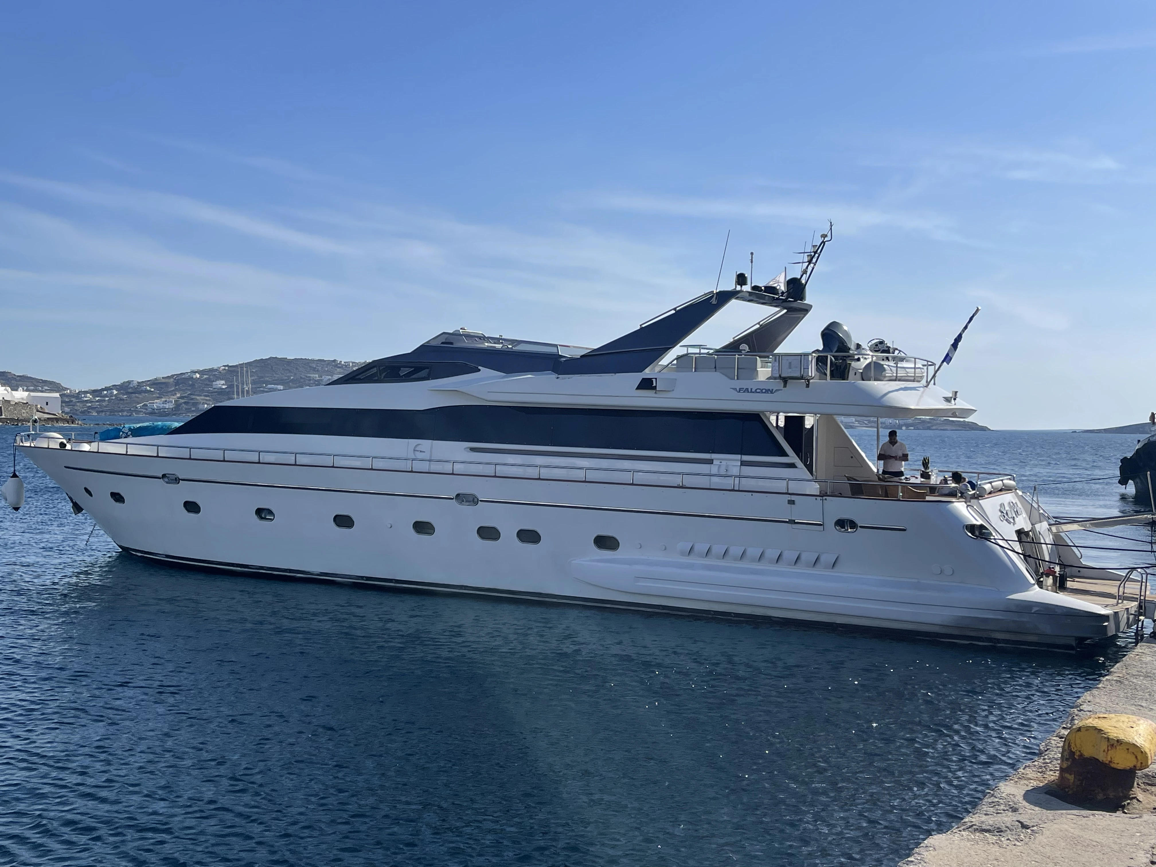 An aerial view of a white villa with pool.