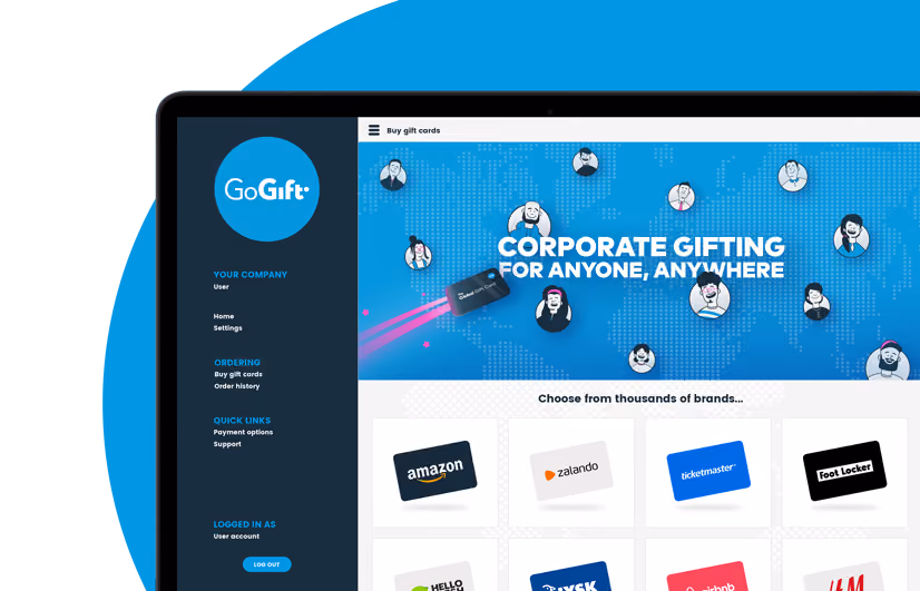 Laptop showing GoGift's Business Portal login sidebar with the 'Corporate gifting for anyone, anywhere' homepage
