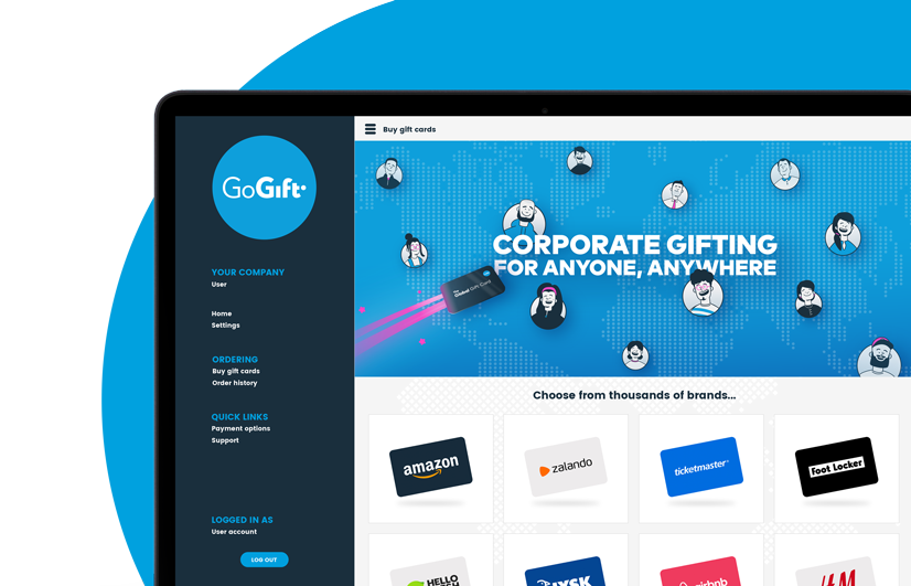 Laptop showing GoGift's Business Portal login sidebar with the 'Corporate gifting for anyone, anywhere' homepage