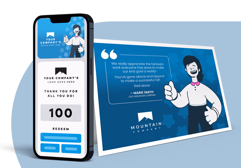 Mobile screen and card mockup showing a customized thank-you gift card message with a testimonial quote