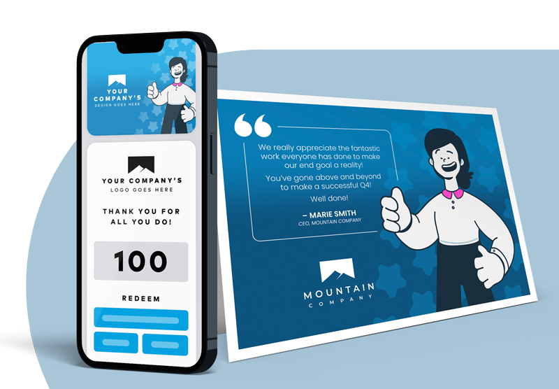 Mobile screen and card mockup showing a customized thank-you gift card message with a testimonial quote