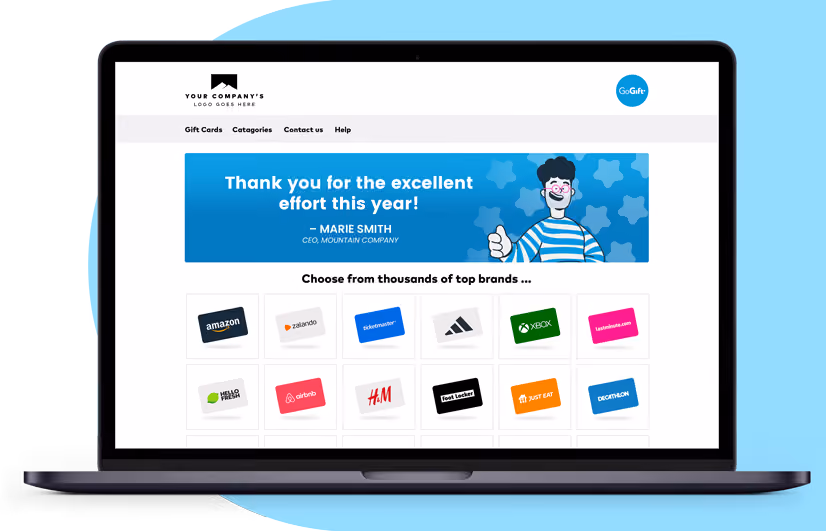 Laptop screen showing a branded 'Thank you for the excellent effort' gift card redemption page with brand logos