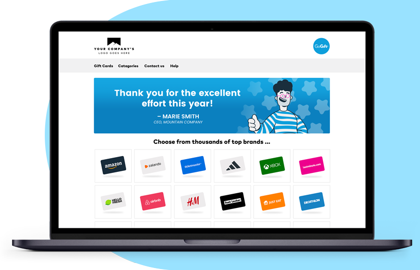 Laptop screen showing a branded 'Thank you for the excellent effort' gift card redemption page with brand logos