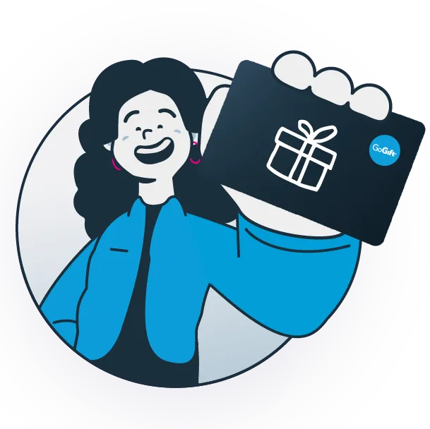 Illustration of a smiling woman holding up a wrapped gift box with a ribbon bow
